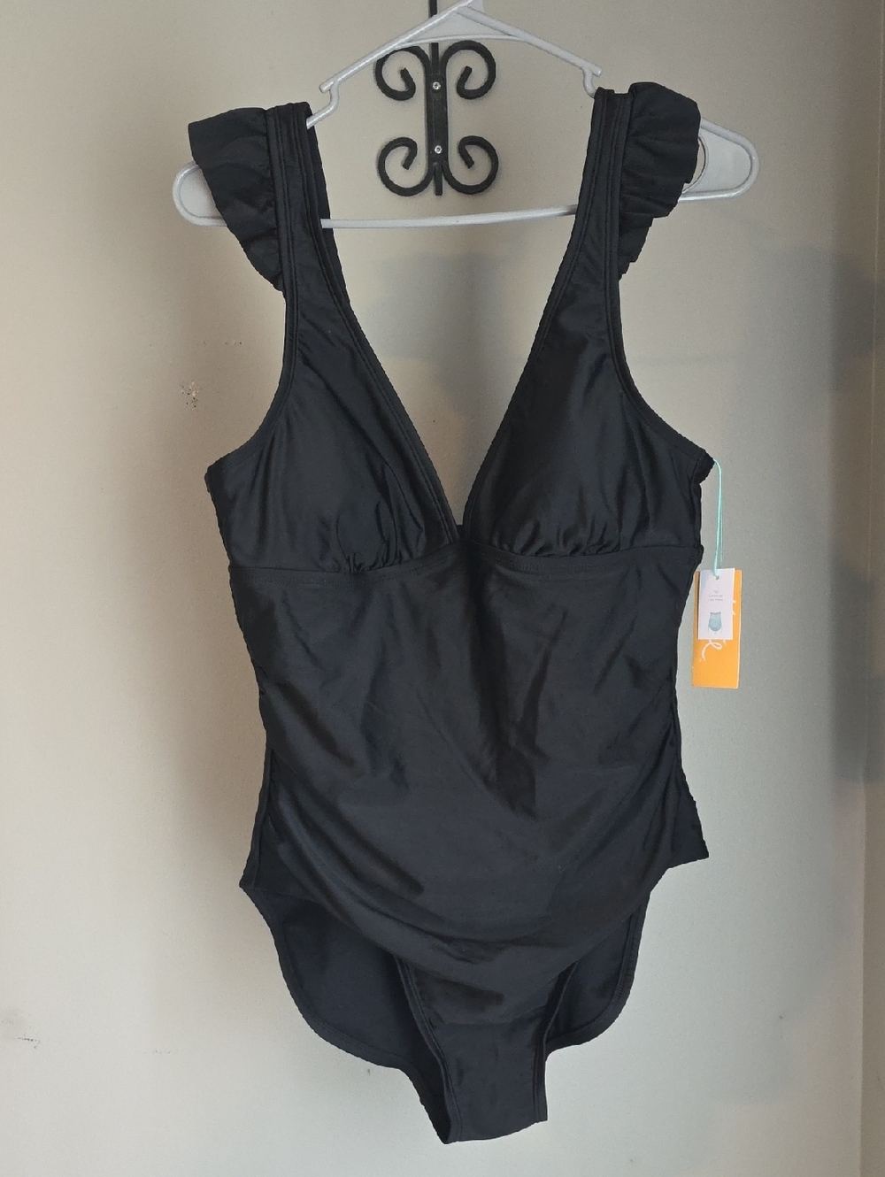 Kona Sol Black Ruffled Strap One-Piece Swimsuit Size Large